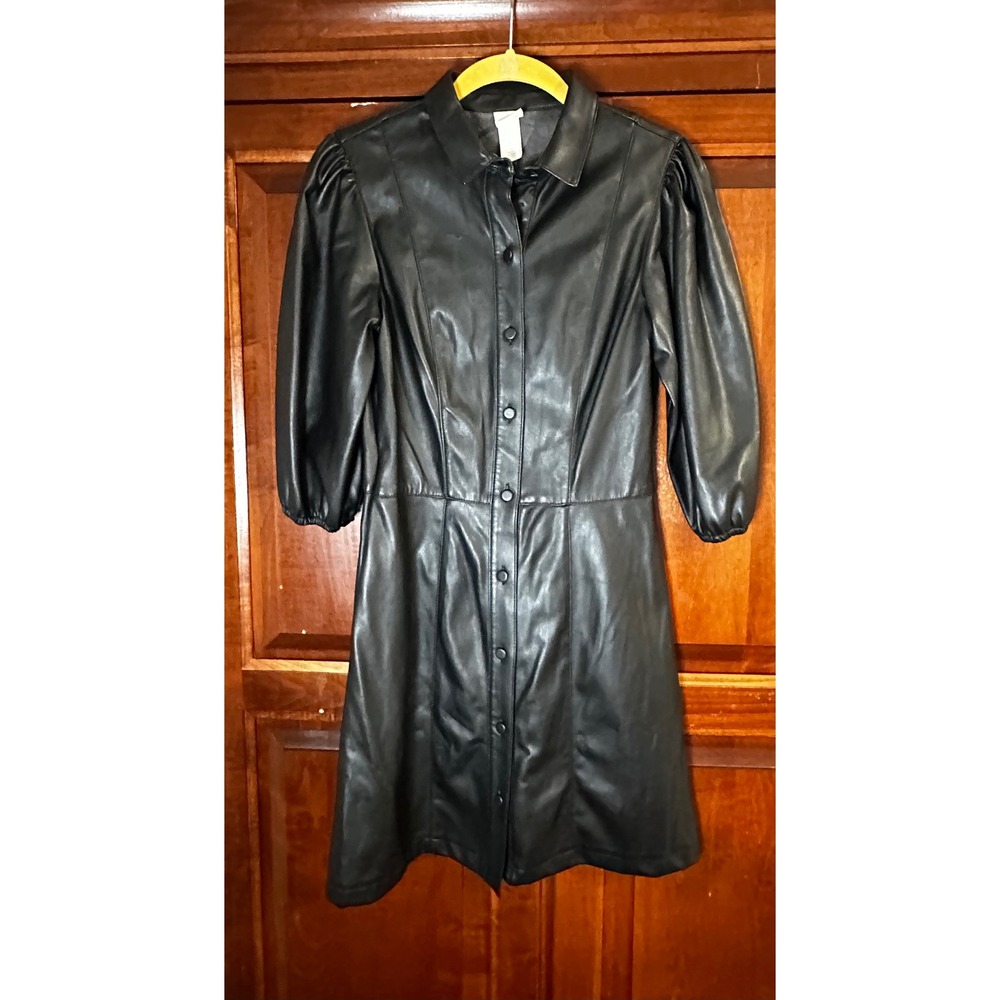 H&M Black Faux Leather Puff Sleeve Button Down Mini Shirt Dress Womens Size 2